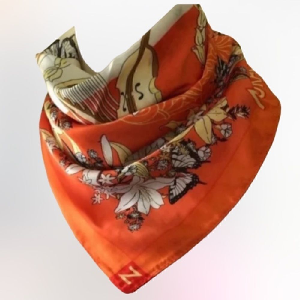 Noracora Silk Orange scarf Harp musical notes 
22X22 vintage feel about